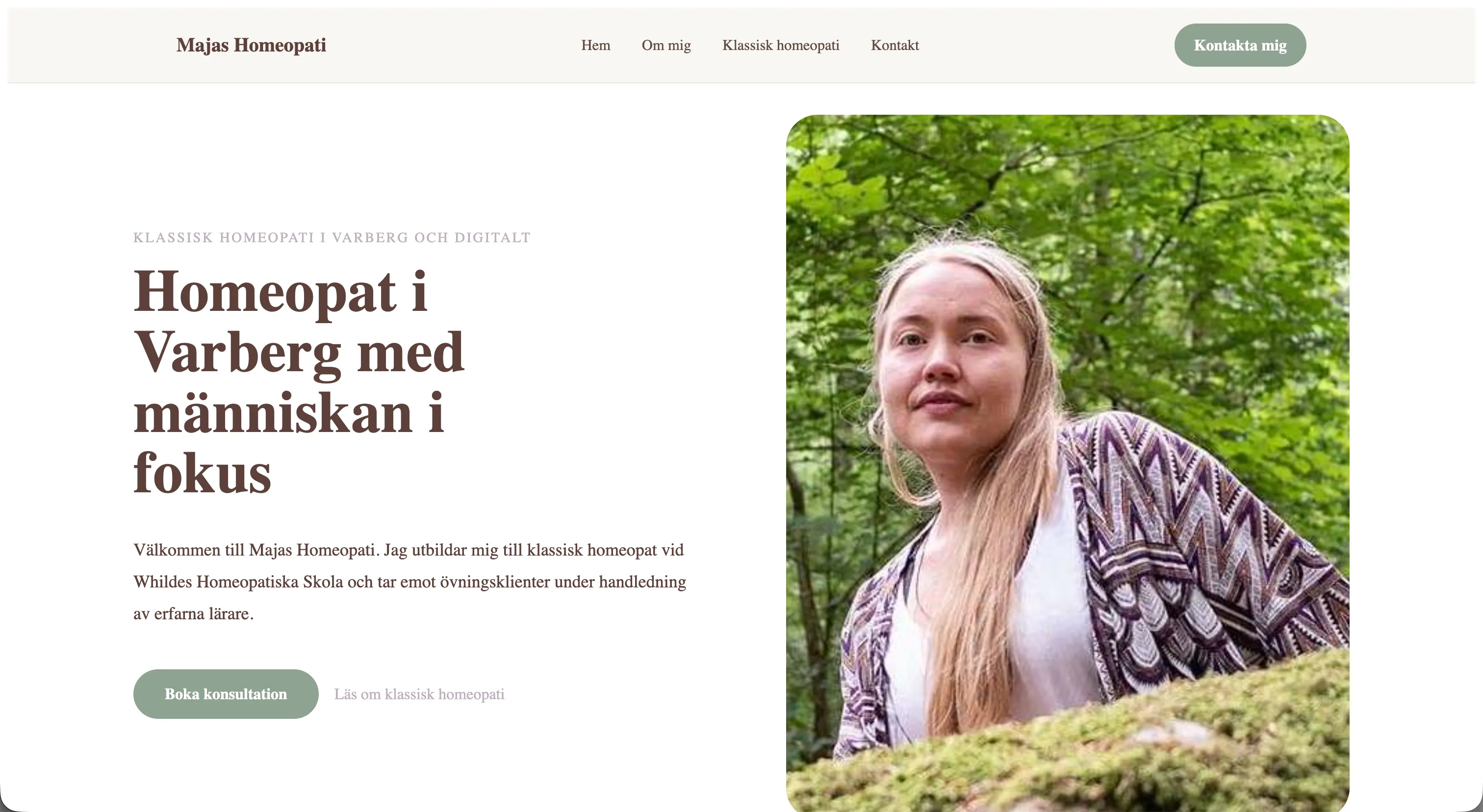 Desktopvy av startsidan för Majas Homeopati