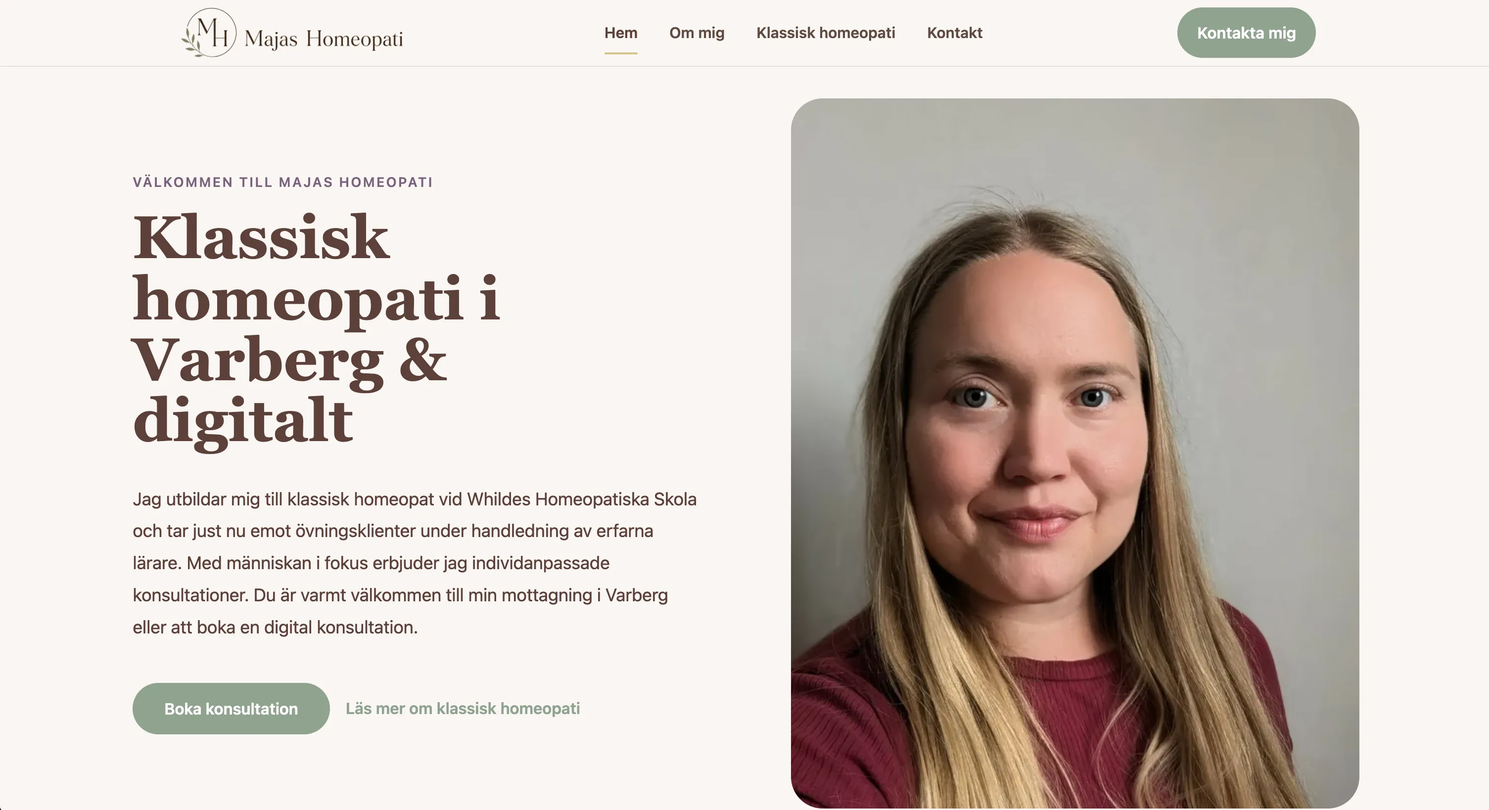 Skärmbild av startsidan för Majas Homeopati