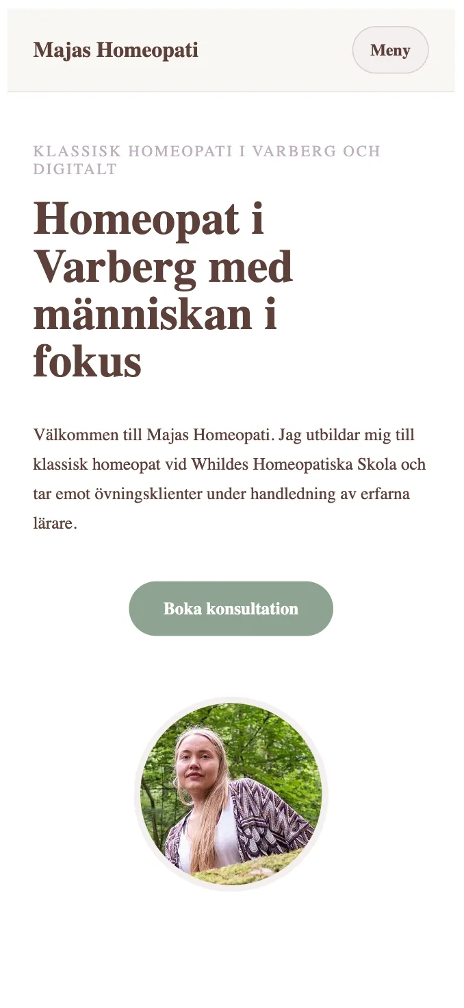 Mobilvy av startsidan för Majas Homeopati