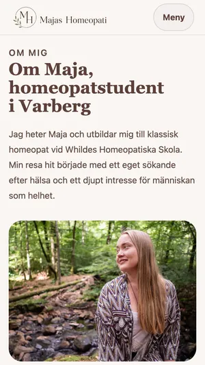 Skärmbild av Om-sidan för Majas Homeopati i mobilvy